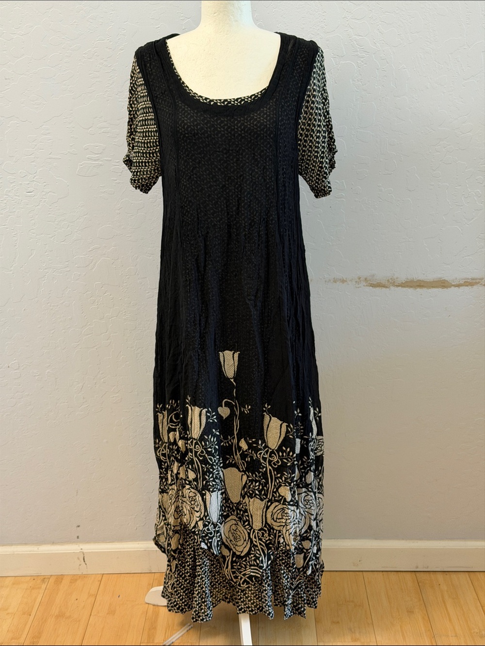 Black Rayon Maxi Dress with Cream Floral Border